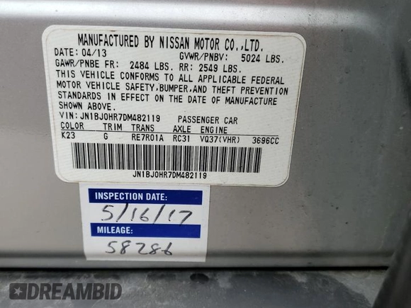 2013 Infiniti EX Journey with VIN JN1BJ0HR7DM482119, listed as a Copart auction lot 43806175 with 131,087 mi miles and Salvage Title. Bid and sale history available at DreamBid. Image 13.