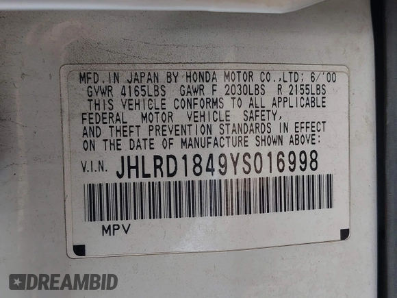 2000 Honda CR-V LX with VIN JHLRD1849YS016998, listed as a IAAI auction lot 42164944 with 124,320 mi miles and . Bid and sale history available at DreamBid. Image 9.