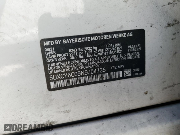2022 BMW X6 xDrive40i with VIN 5UXCY6C09N9J04735, listed as a Copart auction lot 45084665 with 46,543 mi miles and Salvage Title. Bid and sale history available at carsss.com. Image 13.