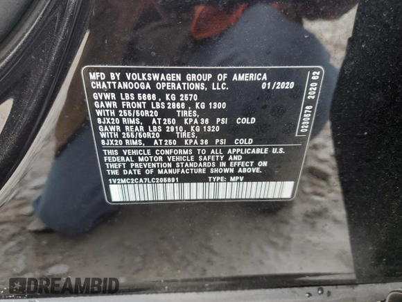 2020 Volkswagen Atlas SEL with VIN 1V2MC2CA7LC205891, listed as a Copart auction lot 77289123 with 99,325 mi miles and . Bid and sale history available at DreamBid. Image 14.
