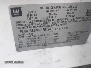 2016 Chevrolet Trax LTZ with VIN 3GNCJRSB4GL165194, listed as a IAAI auction lot 41754666 with 152,471 mi miles. Bid and sale history available at carsss.com. Image 9.