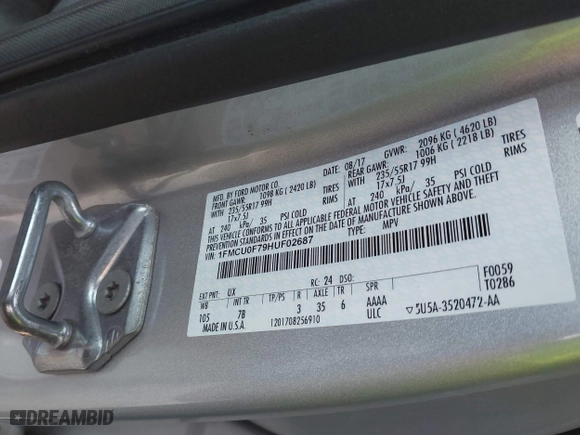 2017 Ford Escape S with VIN 1FMCU0F79HUF02687, listed as a IAAI auction lot 41825962 with 114,597 mi miles. Bid and sale history available at carsss.com. Image 9.