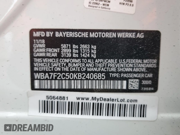 2019 BMW 7 Series 750i xDrive с VIN WBA7F2C50KB240685, выставлен на аукционе Copart как лот 57535395 с пробегом 66 300 миль миль и Чистый • Clean title. История ставок и продаж доступна на DreamBid. Изображение 12.