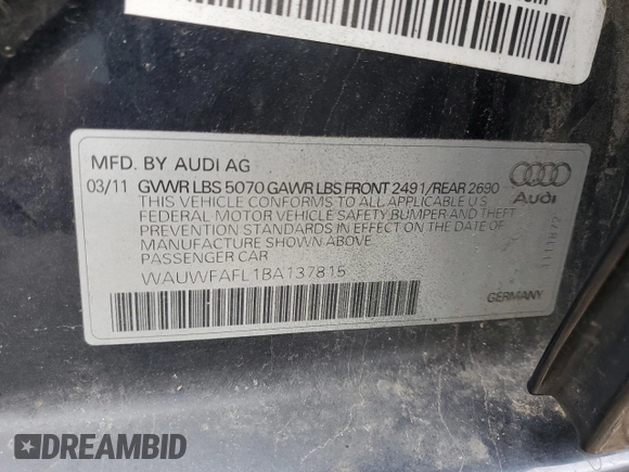 2011 Audi A4 Premium Plus z VIN WAUWFAFL1BA137815, wystawiony jako Copart lot #50070585 z przebiegiem 154 806 mil mil oraz Szkoda całkowita • Salvage title. Historia ofert i sprzedaży dostępna na DreamBid. Obrazek 13.