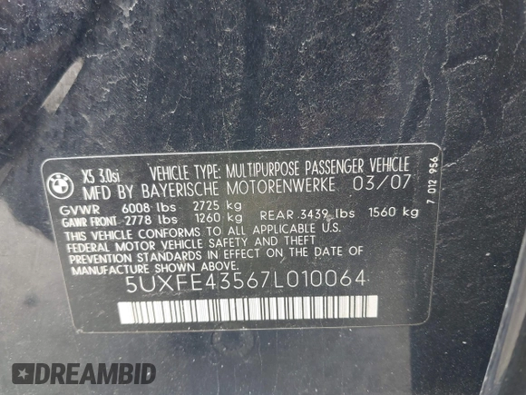 2007 BMW X5 3.0si z VIN 5UXFE43567L010064, wystawiony jako IAAI lot #42288799 z przebiegiem Nie podano mil oraz . Historia ofert i sprzedaży dostępna na DreamBid. Obrazek 9.