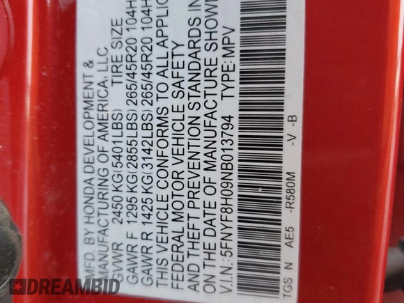 2022 Honda Passport Elite z VIN 5FNYF8H09NB013794, wystawiony jako Copart lot #46435655 z przebiegiem 18 117 mil mil oraz Szkoda całkowita • Salvage title. Historia ofert i sprzedaży dostępna na DreamBid. Obrazek 14.