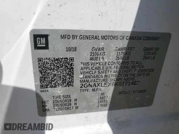 2019 Chevrolet Equinox LT with VIN 2GNAXLEX6K6171487, listed as a Copart auction lot 51326145 with 124,988 mi miles and Salvage Title. Bid and sale history available at DreamBid. Image 13.