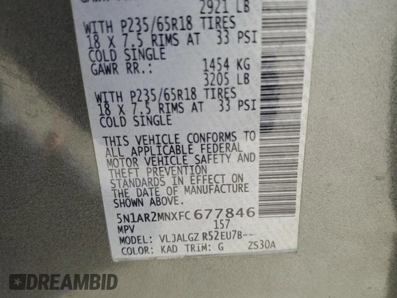 2015 Nissan Pathfinder SL with VIN 5N1AR2MNXFC677846, listed as a Copart auction lot 56226225 with 105,108 mi miles and Salvage title. Bid and sale history available at DreamBid. Image 12.