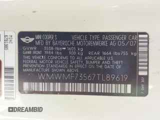 2007 MINI Hardtop S with VIN WMWMF73567TL89619, listed as a IAAI auction lot 42807828 with 201,371 mi miles and . Bid and sale history available at DreamBid. Image 9.