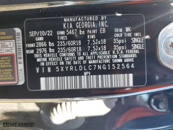 2022 Kia Sorento X-Line S with VIN 5XYRLDLC7NG152564, listed as a Copart auction lot 47978625 with 50,688 mi miles and Salvage Title. Bid and sale history available at carsss.com. Image 13.