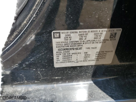 2015 Chevrolet Silverado 1500 LT with VIN 3GCUKRECXFG192387, listed as a Copart auction lot 43978575 with 0 mi miles and Salvage Title. Bid and sale history available at carsss.com. Image 13.