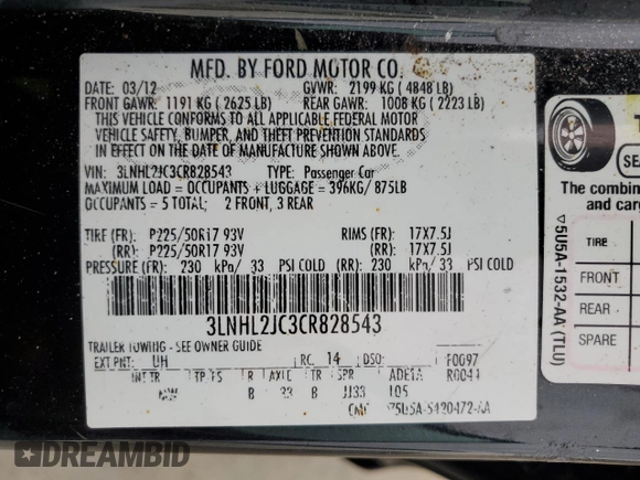 2012 Lincoln MKZ with VIN 3LNHL2JC3CR828543, listed as a Copart auction lot 56451355 with 127,865 mi miles and Salvage title. Bid and sale history available at DreamBid. Image 12.