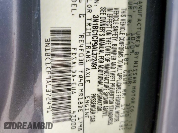 2010 Nissan Versa S with VIN 3N1BC1CP9AL372491, listed as a Copart auction lot 62467025 with 68,977 mi miles and Salvage title. Bid and sale history available at DreamBid. Image 14.