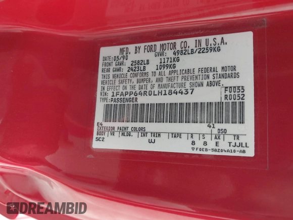 1990 Ford Thunderbird with VIN 1FAPP64R0LH184437, listed as a IAAI auction lot 41805675 with 88,399 mi miles and . Bid and sale history available at DreamBid. Image 9.