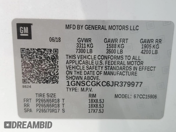 2018 Chevrolet Suburban LS z VIN 1GNSCGKC6JR379977, wystawiony jako Copart lot #54351685 z przebiegiem 138 574 mil mil oraz Szkoda całkowita • Salvage title. Historia ofert i sprzedaży dostępna na DreamBid. Obrazek 13.