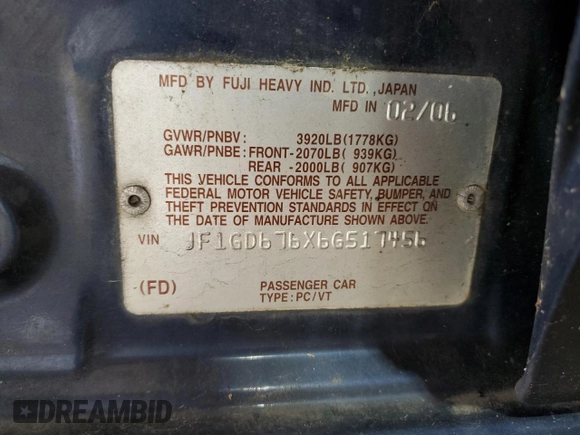 2006 Subaru Impreza i z VIN JF1GD676X6G517456, wystawiony jako Copart lot #61001205 z przebiegiem 185 796 mil mil oraz Szkoda całkowita • Salvage title. Historia ofert i sprzedaży dostępna na DreamBid. Obrazek 12.