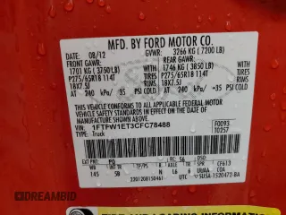2012 Ford F-150 XL with VIN 1FTFW1ET3CFC78488, listed as a Copart auction lot 55711594 with 93,118 mi miles and Clean Title. Bid and sale history available at carsss.com. Image 13.