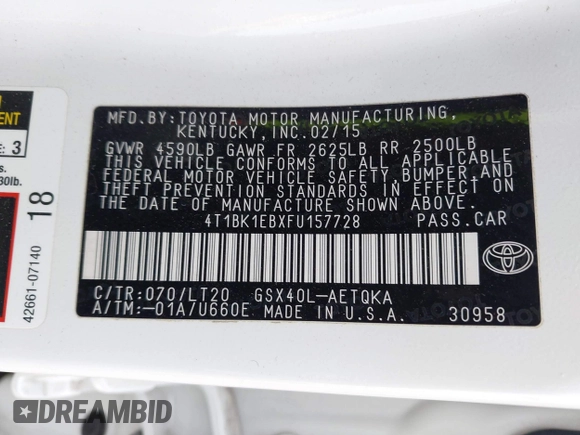 2015 Toyota Avalon Limited with VIN 4T1BK1EBXFU157728, listed as a IAAI auction lot 41551042 with 82,979 mi miles and . Bid and sale history available at DreamBid. Image 9.