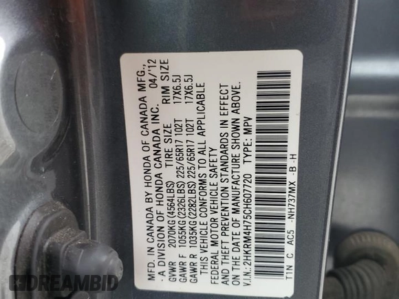 2012 Honda CR-V EX-L with VIN 2HKRM4H75CH607720, listed as a Copart auction lot 55563725 with 218,708 mi miles and Clean Title. Bid and sale history available at DreamBid. Image 13.