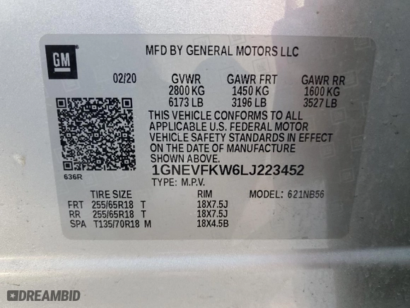 2020 Chevrolet Traverse LS with VIN 1GNEVFKW6LJ223452, listed as a Copart auction lot 48722745 with 99,065 mi miles and Salvage Title. Bid and sale history available at carsss.com. Image 16.