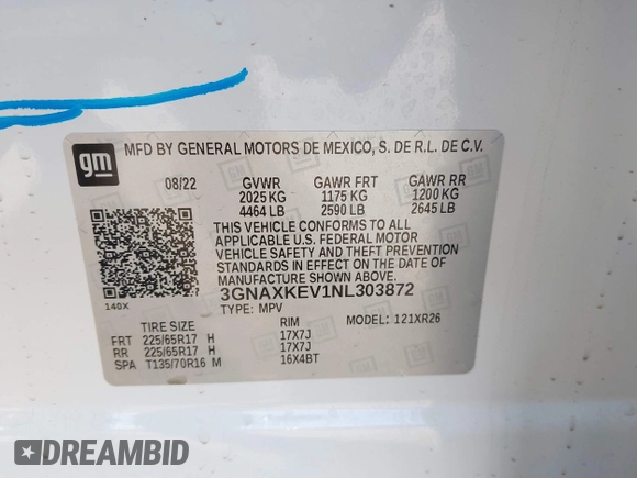 2022 Chevrolet Equinox LT with VIN 3GNAXKEV1NL303872, listed as a IAAI auction lot 41939671 with 39,729 mi miles and . Bid and sale history available at DreamBid. Image 9.