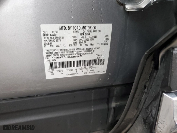 2020 Ford Explorer XLT with VIN 1FMSK7DH2LGB00670, listed as a Copart auction lot 44313725 with 107,244 mi miles and Salvage Title. Bid and sale history available at carsss.com. Image 13.