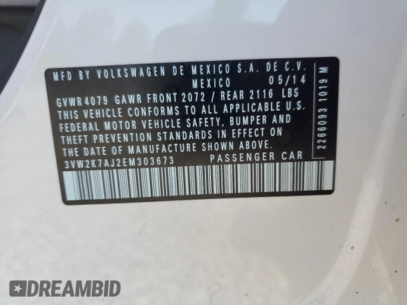 2014 Volkswagen Jetta S with VIN 3VW2K7AJ2EM303673, listed as a Copart auction lot 62909235 with 69,592 mi miles and Salvage title. Bid and sale history available at DreamBid. Image 12.