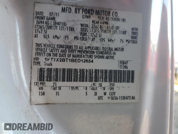 2011 Ford F-250 XL with VIN 1FT7X2BT1BED12654, listed as a Copart auction lot 83672564 with 238,160 mi miles and Salvage Title. Bid and sale history available at DreamBid. Image 12.