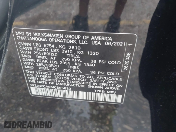 2021 Volkswagen Atlas SE with VIN 1V2JR2CA9MC595833, listed as a IAAI auction lot 42498528 with 69,670 mi miles and . Bid and sale history available at DreamBid. Image 9.