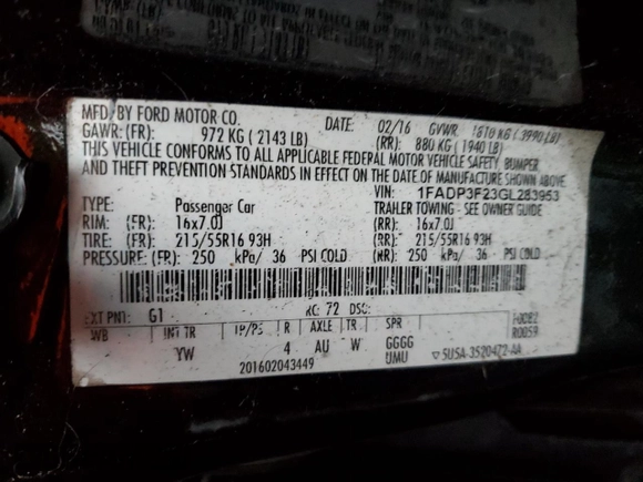2016 Ford Focus SE with VIN 1FADP3F23GL283953, listed as a Copart auction lot 85499164 with 136,761 mi miles and Salvage Title. Bid and sale history available at carsss.com. Image 12.