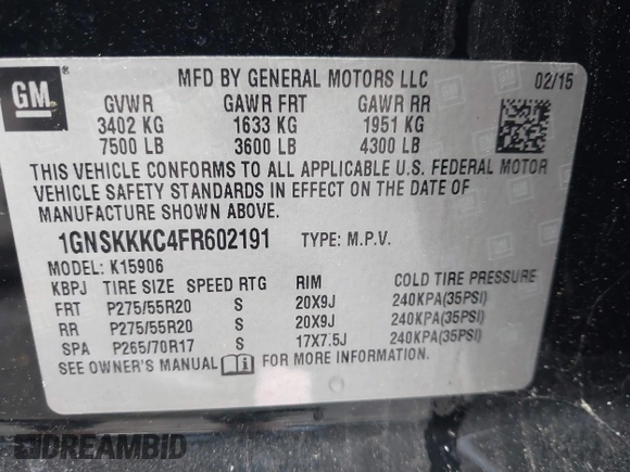 2015 Chevrolet Suburban LTZ с VIN 1GNSKKKC4FR602191, выставлен на аукционе IAAI как лот 42683127 с пробегом 233 897 миль миль и . История ставок и продаж доступна на DreamBid. Изображение 9.