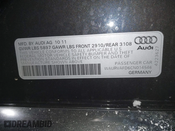 2012 Audi A8 z VIN WAURVAFD6CN014546, wystawiony jako IAAI lot #41357932 z przebiegiem 93 516 mil mil oraz . Historia ofert i sprzedaży dostępna na DreamBid. Obrazek 9.
