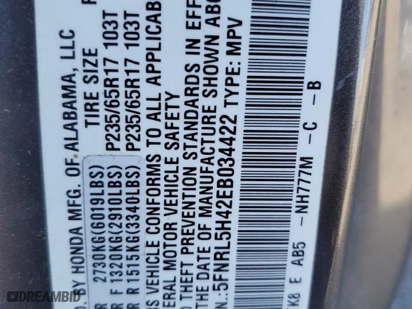 2014 Honda Odyssey EX with VIN 5FNRL5H42EB034422, listed as a Copart auction lot 48226825 with 150,423 mi miles and Clean Title. Bid and sale history available at carsss.com. Image 13.