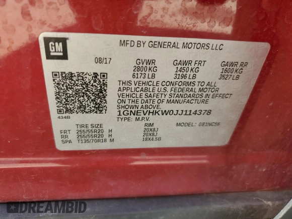 2018 Chevrolet Traverse LT Leather with VIN 1GNEVHKW0JJ114378, listed as a Copart auction lot 48581635 with 144,415 mi miles and Salvage Title. Bid and sale history available at carsss.com. Image 13.