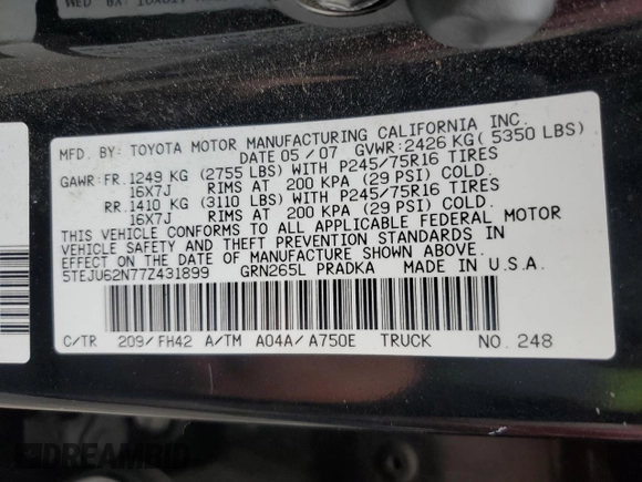 2007 Toyota Tacoma PreRunner с VIN 5TEJU62N77Z431899, выставлен на аукционе Copart как лот 54197615 с пробегом 156 216 миль миль и Списание • Salvage title. История ставок и продаж доступна на DreamBid. Изображение 12.