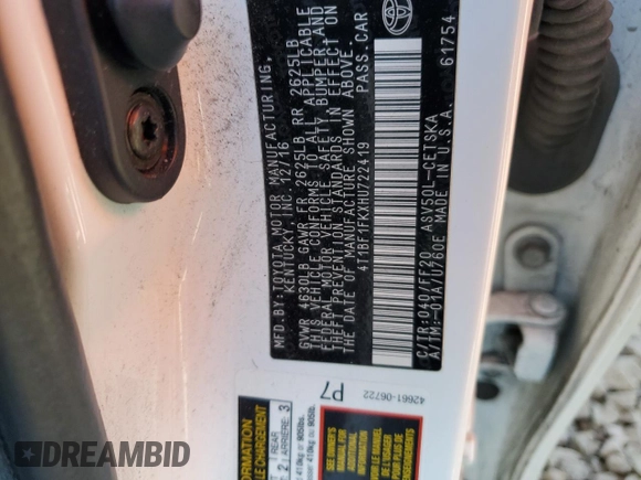 2017 Toyota Camry XLE with VIN 4T1BF1FKXHU722419, listed as a Copart auction lot 49859275 with 170,240 mi miles and Salvage Title. Bid and sale history available at carsss.com. Image 12.
