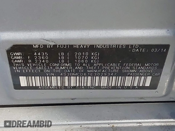2014 Subaru Legacy Premium with VIN 4S3BMCD61E3029347, listed as a IAAI auction lot 42031477 with 150,872 mi miles and . Bid and sale history available at DreamBid. Image 9.