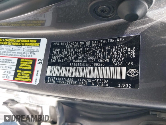2019 Toyota Camry LE z VIN 4T1B11HK5KU166295, wystawiony jako IAAI lot #42087581 z przebiegiem 87 876 mil mil oraz . Historia ofert i sprzedaży dostępna na DreamBid. Obrazek 9.