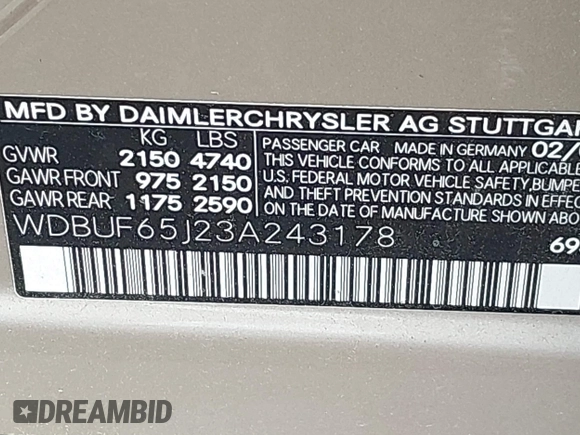2003 Mercedes-Benz E-Class 3.2L with VIN WDBUF65J23A243178, listed as a IAAI auction lot 41974660 with 134,459 mi miles. Bid and sale history available at carsss.com. Image 9.