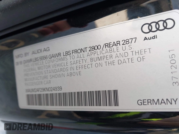 2019 Audi A6 Prestige with VIN WAUM2AF29KN024939, listed as a IAAI auction lot 41432220 with 89,231 mi miles. Bid and sale history available at carsss.com. Image 9.