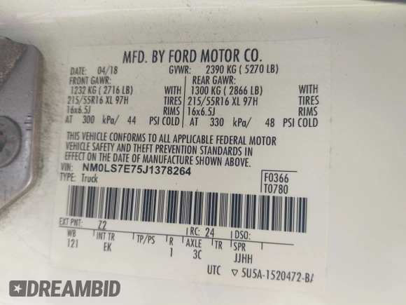 2018 Ford Transit Connect XL with VIN NM0LS7E75J1378264, listed as a IAAI auction lot 42232607 with 34,241 mi miles and . Bid and sale history available at DreamBid. Image 9.