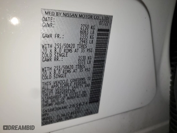 2022 Nissan Pathfinder Platinum with VIN 5N1DR3DK4NC265624, listed as a Copart auction lot 87574605 with 42,063 mi miles and Salvage Title. Bid and sale history available at carsss.com. Image 13.