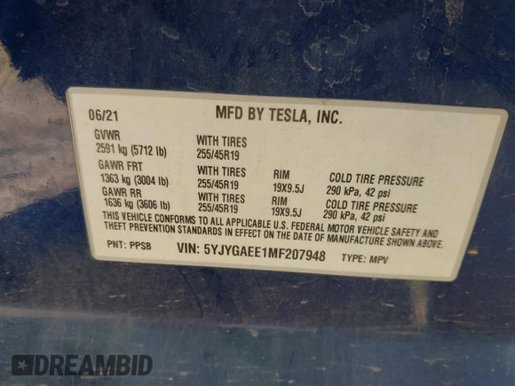 2021 Tesla Model Y Long Range with VIN 5YJYGAEE1MF207948, listed as a IAAI auction lot 41779570 with 100,859 mi miles. Bid and sale history available at carsss.com. Image 9.