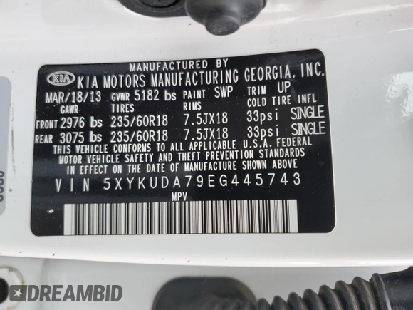 2014 Kia Sorento EX with VIN 5XYKUDA79EG445743, listed as a Copart auction lot 58472615 with 110,019 mi miles and Salvage title. Bid and sale history available at DreamBid. Image 13.