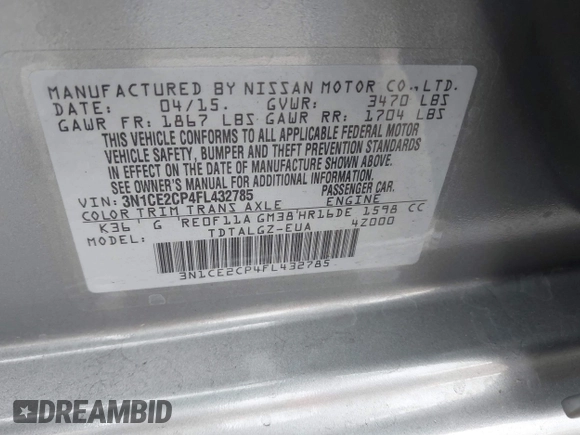 2015 Nissan Note SV with VIN 3N1CE2CP4FL432785, listed as a IAAI auction lot 41915034 with 6,902 mi miles and . Bid and sale history available at DreamBid. Image 9.