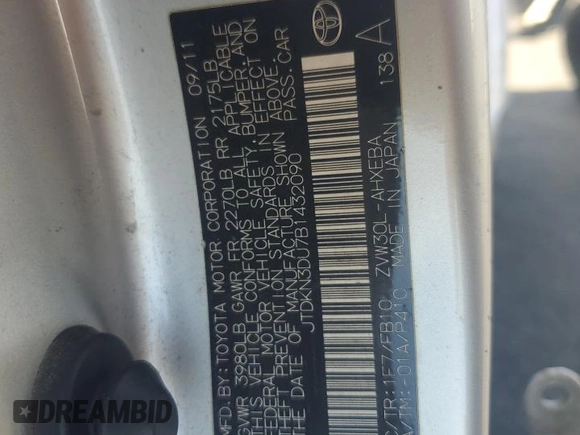 2011 Toyota Prius I with VIN JTDKN3DU7B1432090, listed as a Copart auction lot 52990835 with Not Provided miles and Salvage Title. Bid and sale history available at DreamBid. Image 12.