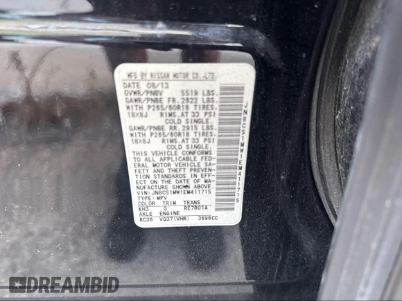 2014 Infiniti QX70 with VIN JN8CS1MW1EM411715, listed as a IAAI auction lot 42769793 with 180,472 mi miles and . Bid and sale history available at DreamBid. Image 9.
