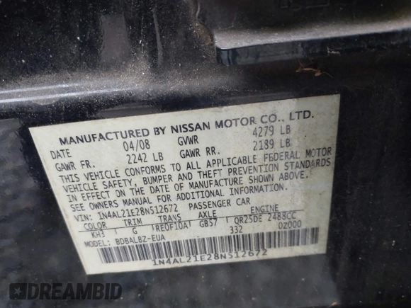 2008 Nissan Altima 2.5 SL with VIN 1N4AL21E28N512672, listed as a IAAI auction lot 41605976 with 142,223 mi miles. Bid and sale history available at carsss.com. Image 9.