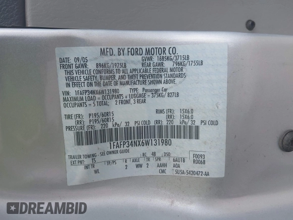 2006 Ford Focus S with VIN 1FAFP34NX6W131980, listed as a IAAI auction lot 42408699 with 139,258 mi miles and . Bid and sale history available at DreamBid. Image 9.