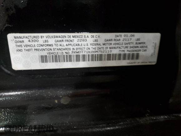 2006 Volkswagen Jetta 1.9L TDI z VIN 3VWDT71K06M752110, wystawiony jako Copart lot #49664635 z przebiegiem 156 883 mil mil oraz Szkoda całkowita • Salvage title. Historia ofert i sprzedaży dostępna na DreamBid. Obrazek 12.